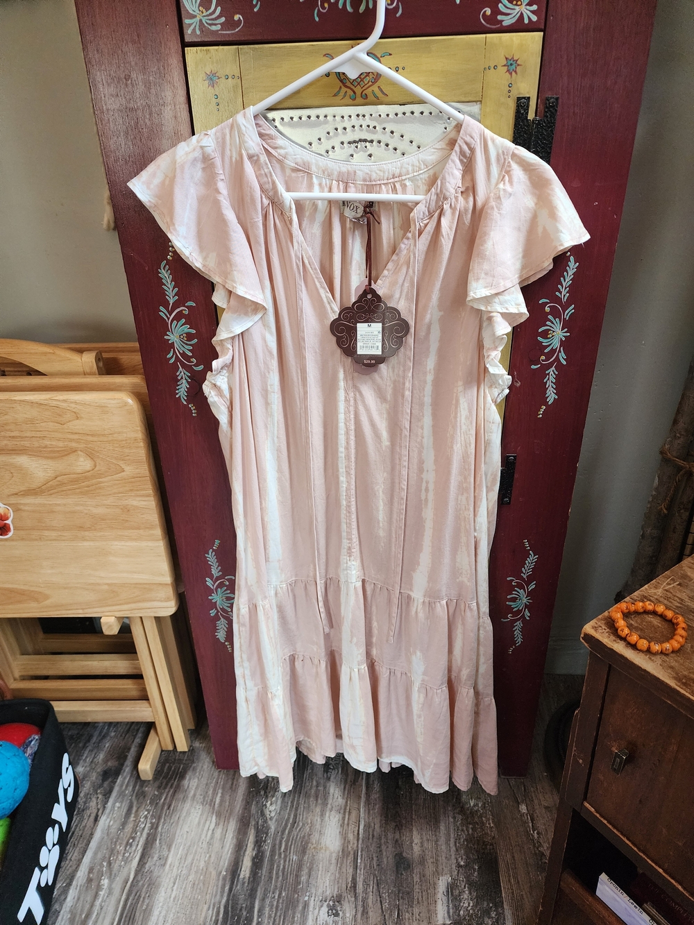 Light Pink Ruffle-Sleeve Tiered Midi Dress